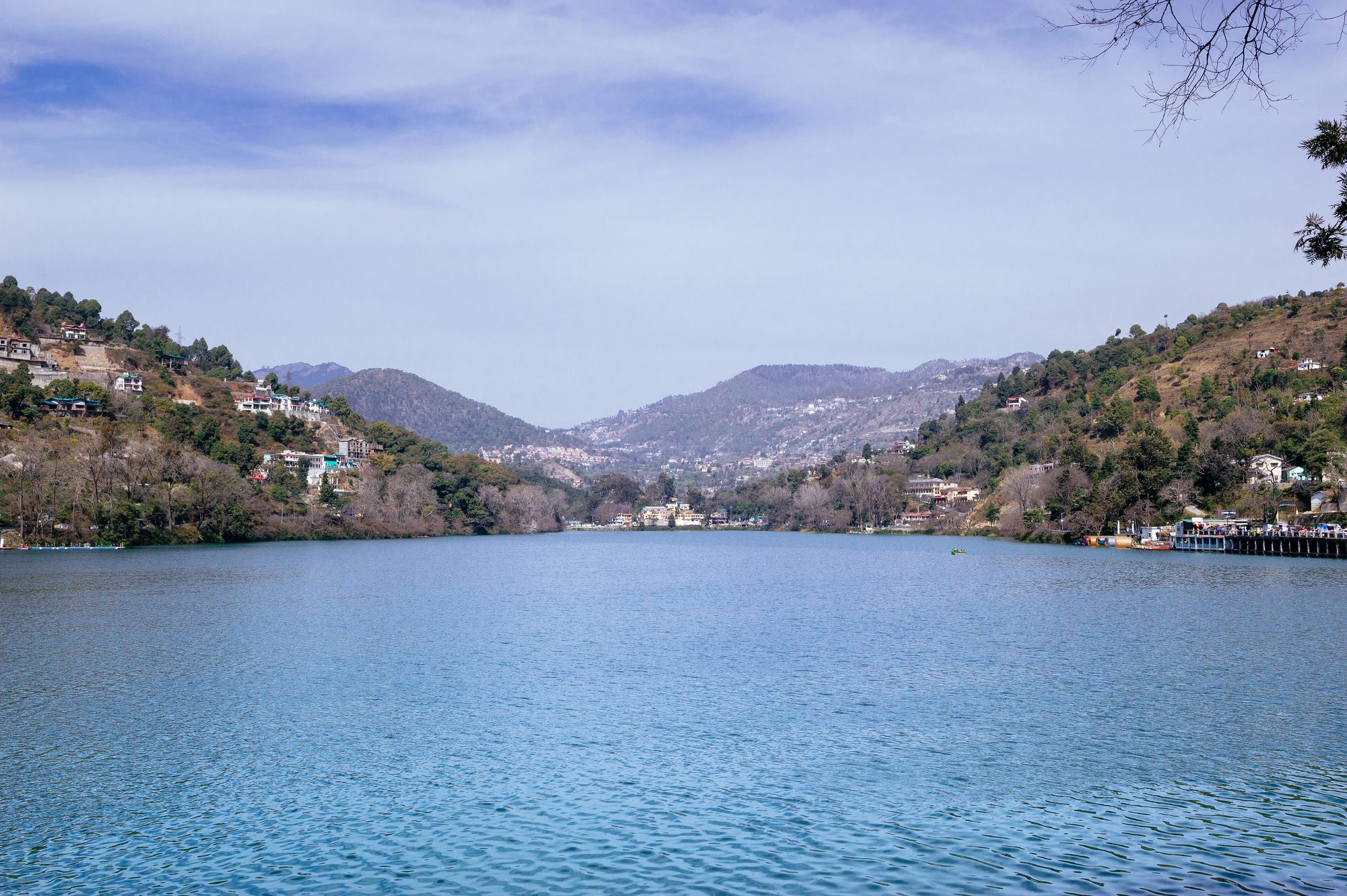 Panoramic view of Bhimtal lake and its island surrounded by hills