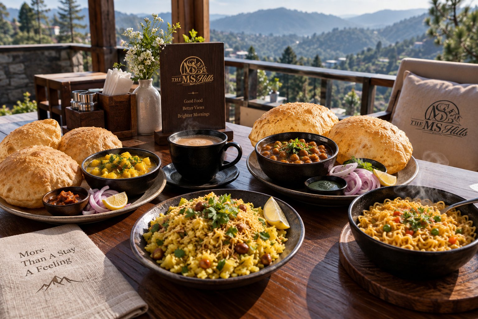 Puri, poha, chana and chai served for breakfast on the terrace at The MS Hills with mountain views